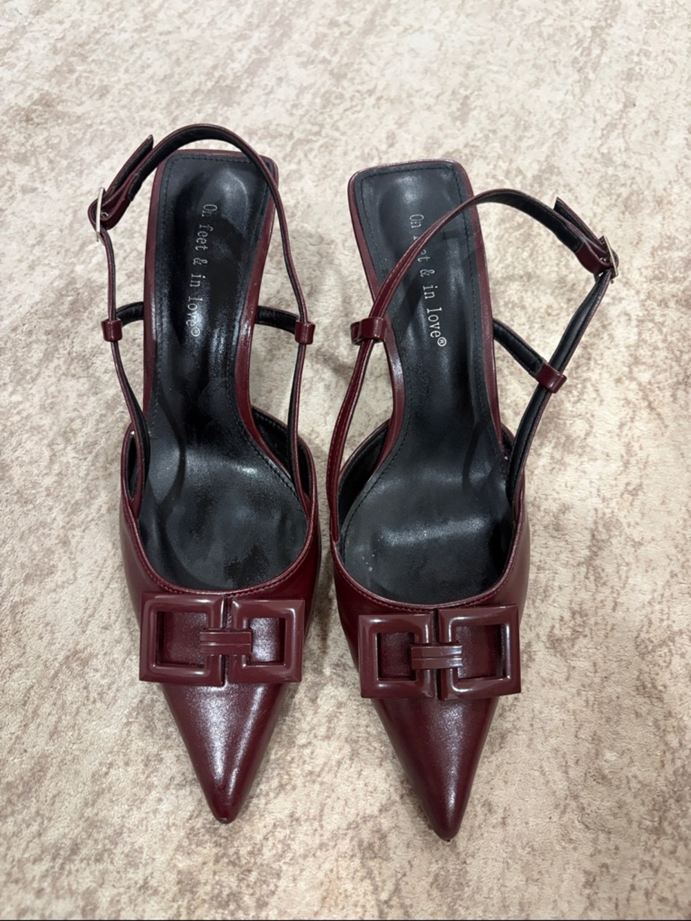 Burgundy Pointed Toe Slingback Kitten Heels
